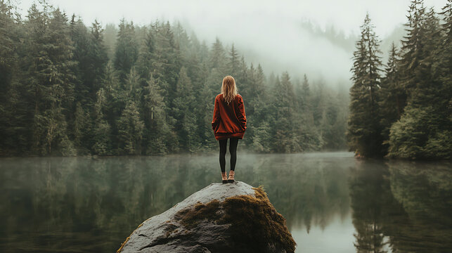 model standing on rock surrounded by water and forest, minimal outfit, balance between nature and fashion.