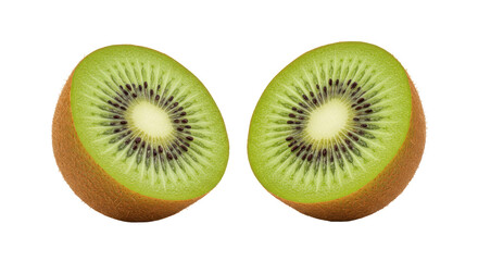 Fototapeta premium Fresh sliced kiwi halves isolated on white background showing juicy green flesh and black seeds
