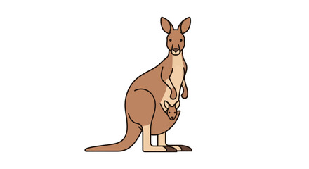 Cartoon Illustration of a Kangaroo with Joey in Pouch on White Background, Ideal for Educational Material, Children's Books, and Wildlife Conservation Campaigns