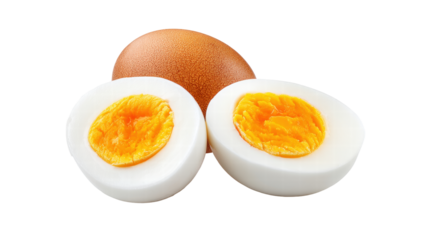 Boiled egg with firm yolk sliced in half and whole brown shell egg isolated on white