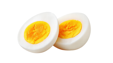 Boiled egg halves with bright yellow yolk and smooth white texture isolated on white