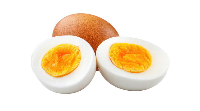 Boiled egg with firm yolk sliced in half and whole brown shell egg isolated on white - Powered by Adobe
