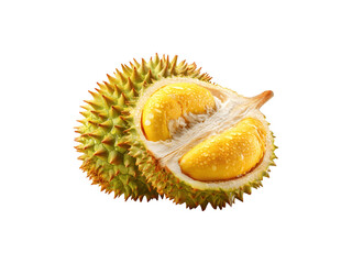 Fototapeta premium Half-sliced durian fruit with visible water droplets on its surface