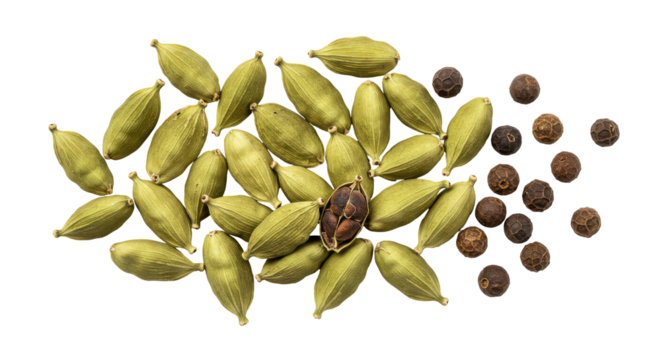 A vibrant arrangement of cardamom pods and seeds isolated on white background showcasing their textures