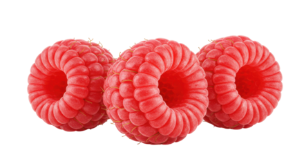 Three fresh raspberries isolated on white background arranged closely showcasing their vibrant color and texture ideal for food photography