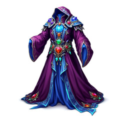 Obraz premium Fantasy Game Asset: Majestic Purple and Blue Sorcerer Robe with Jewel-Encrusted Belt, Hooded Cloak, and Intricate Details