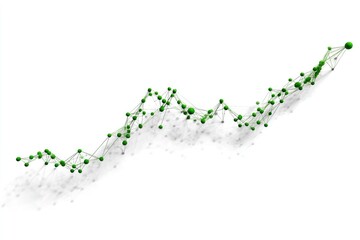 Abstract green spheres connected by lines, forming an upward trend on a white background