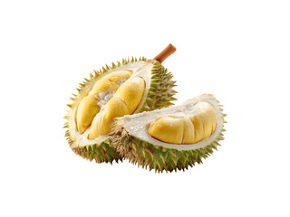 Fototapeta premium Half-sliced durian fruit with visible water droplets on its surface