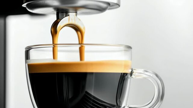 Close-up video of espresso pouring into a clear glass cup from a machine, capturing the rich crema and smooth flow from a low angle. Live desktop wallpaper.