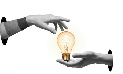 Two hands reaching towards a glowing light bulb one hand holding it the other extending to touch it collage transparent background