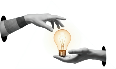 Two hands reaching towards a glowing light bulb one hand holding it the other extending to touch it collage transparent background