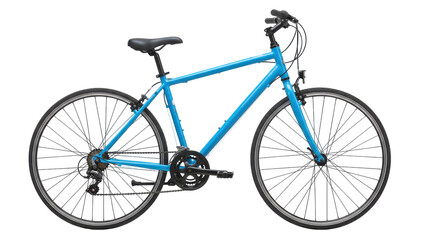 Obraz premium A vibrant blue bicycle isolated on white background with details suggesting a sunny street and trees