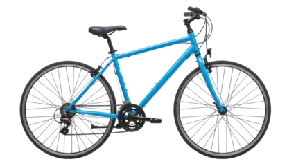 A vibrant blue bicycle isolated on white background with details suggesting a sunny street and trees