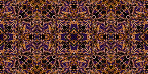 Seamless Background with Pixelated Cultural Motifs. Ornamental Pixel Texture for Textile and Wallpaper. Seamless Pixel Mosaic Pattern with Ethnic motif. 

Ornamental Dot Texture in Purple and Orange 
