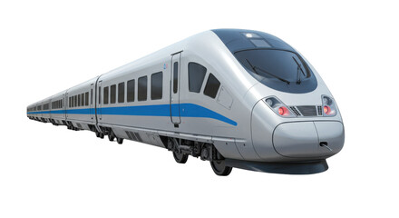 Fototapeta premium Sleek high speed train speeding through an urban landscape with skyscrapers in the background isolated on white background