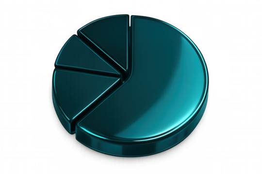 3d rendering of a shiny teal pie chart with transparent background, ideal for business and financial presentations