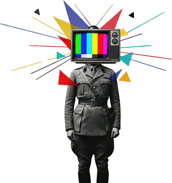Vintage military figure with television head broadcasting colorful static abstract shapes explode outwards transparent background