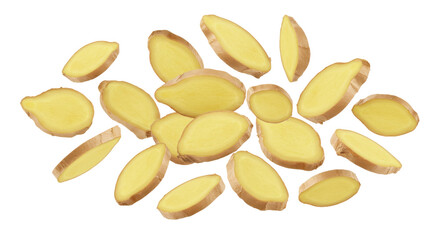 Freshly sliced ginger pieces scattered isolated on white background showcasing their texture