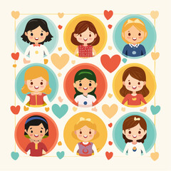 Diverse Group of Cute Cartoon Girls in Circles with Hearts