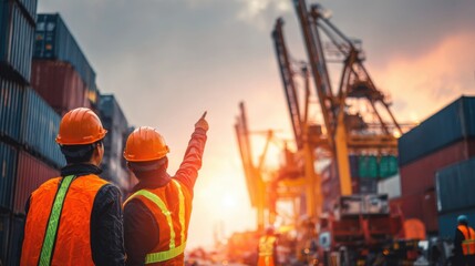 Two Workers in Safety Gear at a Shipping Port