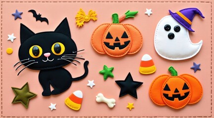 Halloween decoration with cute black cat, pumpkins and ghost on pink background