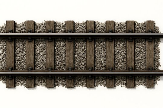 An elevated view showcases realistic train tracks laid upon gravel, creating a linear composition.