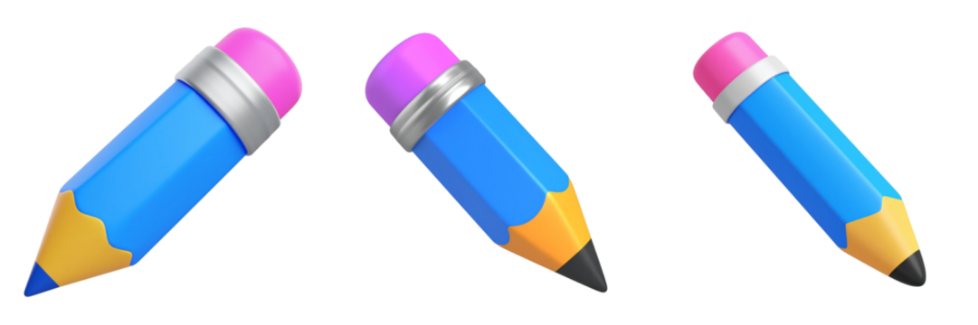 Three Blue Pencils with Pink Erasers and Yellow Tips on a Transparent Background