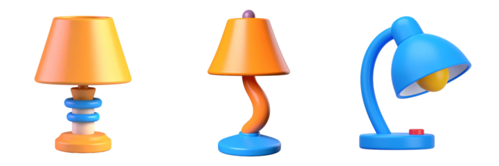 Three Colorful 3D Rendered Lamps With Transparent Background