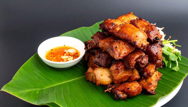 Grilled meat chunks served on a banana leaf with a small bowl of dipping sauce