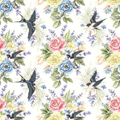 Charming watercolor seamless pattern of swallows flying amidst soft pink yellow and blue roses with lavender sprigs