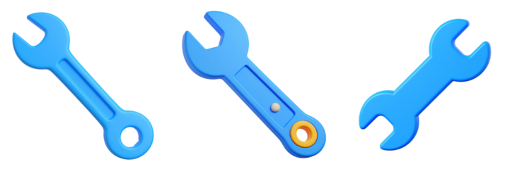 Collection Of Three Blue Wrenches Isolated On Transparent Background