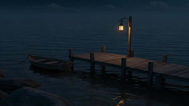 Serene night scene featuring a wooden dock with a lantern and a boat on calm waters