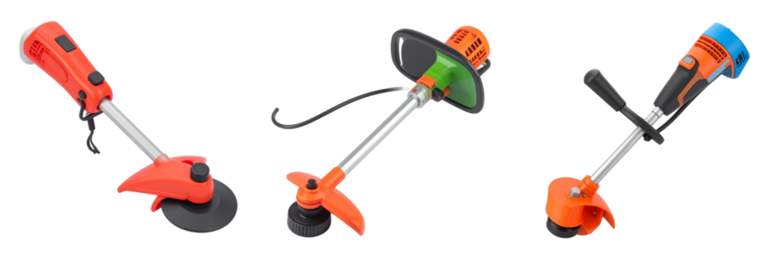 Three Orange Electric Grass Trimmers With Transparent Background Showing Blades And Various Designs for Lawn and Garden Maintenance