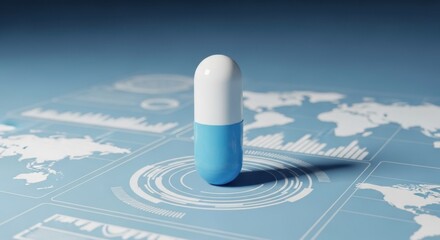 A large, blue and white capsule stands atop a digital world map, with data displays.