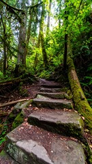 Stone steps winding through a lush forest