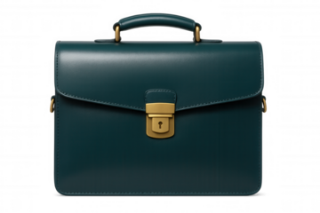 Classic teal leather briefcase with golden lock isolated on transparent background, perfect for business and professional settings