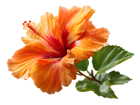 Tropical Orange Hibiscus Flower with Red Highlights, Front View, Isolated on Transparent Background