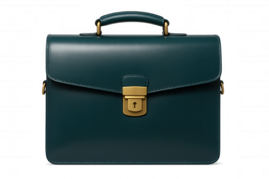 Classic teal leather briefcase with golden lock isolated on transparent background, perfect for business and professional settings - Powered by Adobe