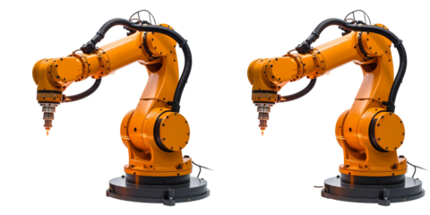 Two Orange Robotic Arms On Transparent Background Ideal For Automation Production And Manufacturing