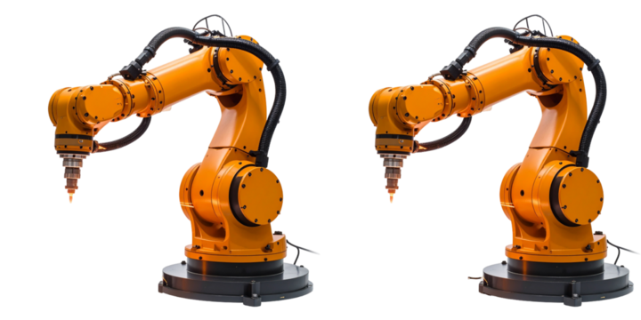 Two Orange Robotic Arms On Transparent Background Ideal For Automation Production And Manufacturing