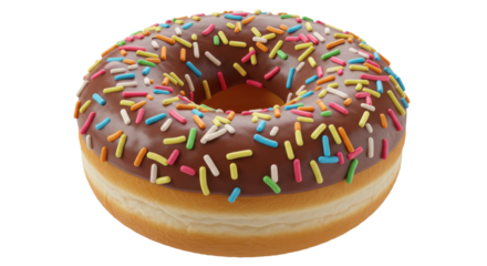 Delicious chocolate frosted donut with colorful sprinkles isolated on white background