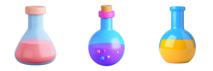 Three Colorful Flasks With Liquid And Corks On Transparent Background