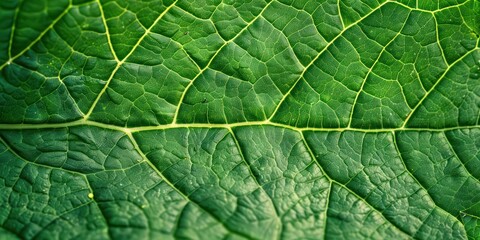 A vibrant green leaf with intricate veins and a smooth surface, set against a blurred green background, highlighting the texture and details of the leaf's surface.
