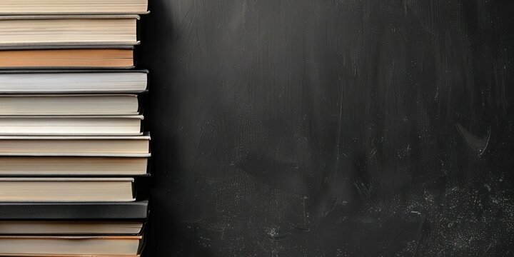 A stack of books with a blackboard in the background.