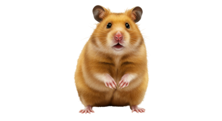A surprised golden hamster standing upright isolated on white background