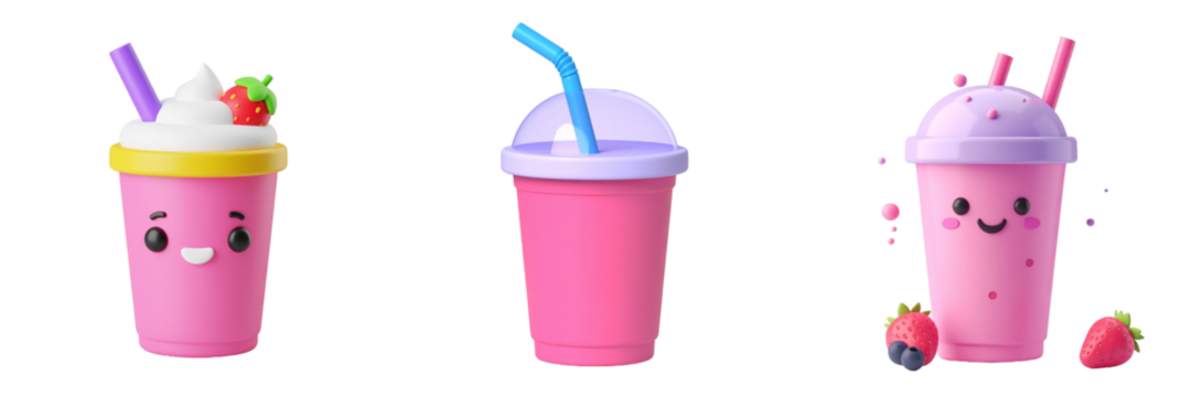 Three Adorable Pink Smoothies With Straws and Smiling Faces Isolated on Transparent Background - Powered by Adobe