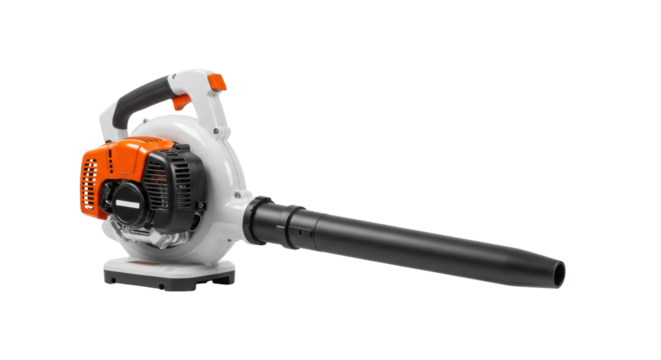 A powerful leaf blower resting isolated on white background showcasing its sleek design and features