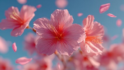 Delicate pink flowers in mid-air, petals falling against a clear blue sky