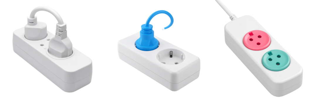 Isometric View Of Electrical Power Strips With Different Colored Plugs Showing Energy Supply And Electricity Connections