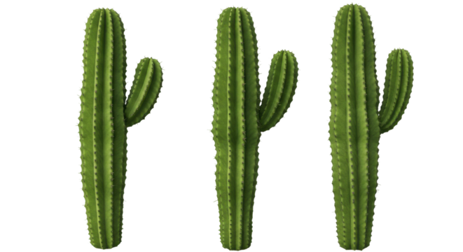 Three tall cacti standing in a desert landscape isolated on white background under a clear blue sky